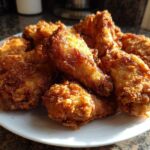 A pile of golden brown, perfectly cooked crispy air fryer chicken wings served on a white plate.