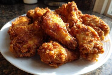 A pile of golden brown, perfectly cooked crispy air fryer chicken wings served on a white plate.
