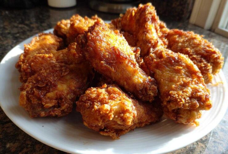 A pile of golden brown, perfectly cooked crispy air fryer chicken wings served on a white plate.