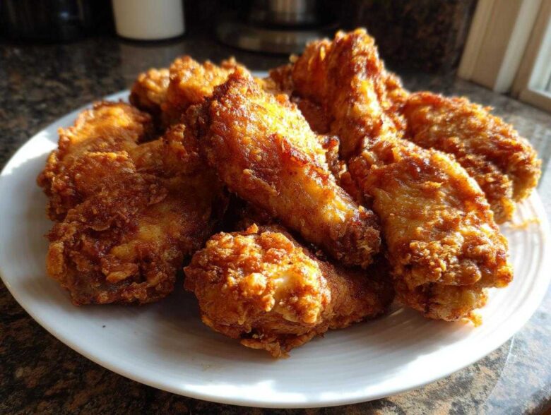 A pile of golden brown, perfectly cooked crispy air fryer chicken wings served on a white plate.