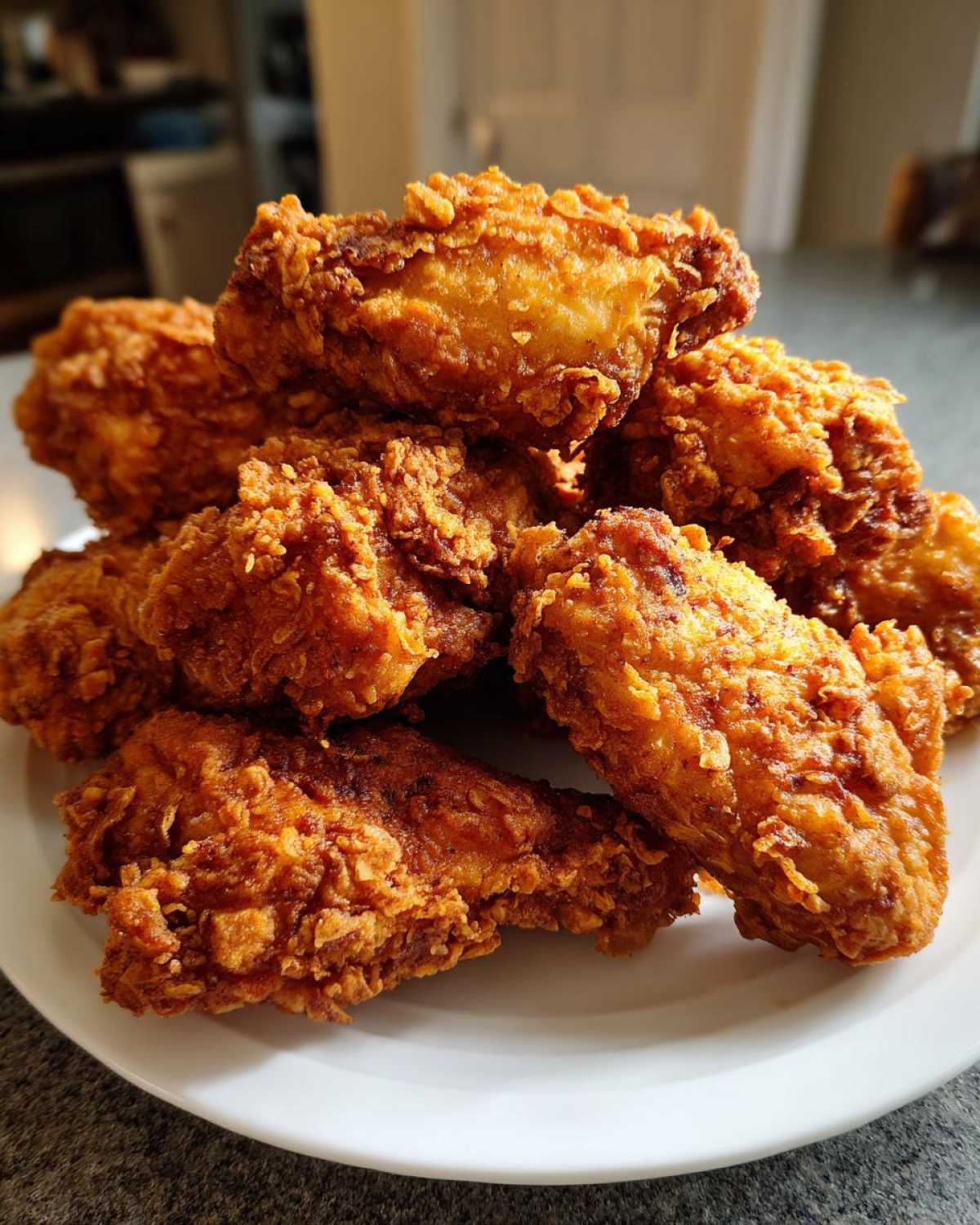 A close-up stack of golden brown, very crispy air fryer chicken wings piled high on a white plate.