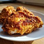 Close-up of three pieces of golden brown, crispy air fryer fried chicken served on a white plate.