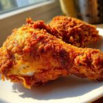 Close-up of two pieces of crispy, golden-brown air fryer fried chicken resting on a white plate.