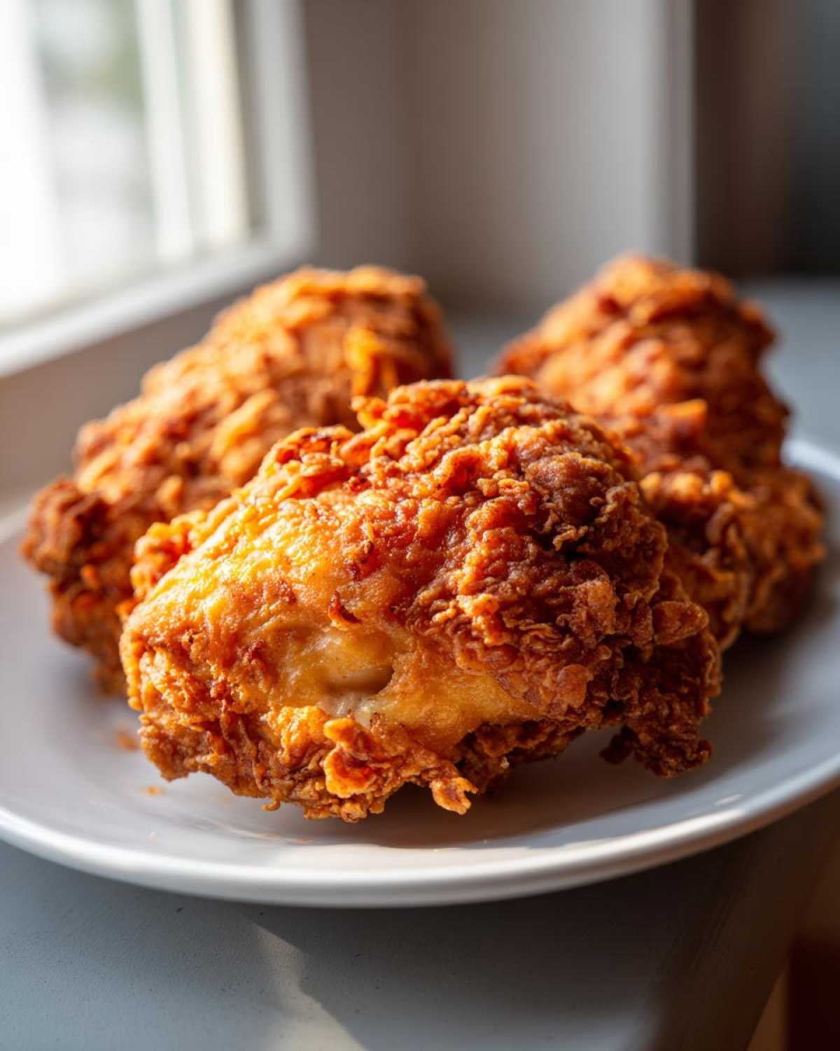 Three pieces of golden brown, crispy air fryer fried chicken resting on a white plate near a window.