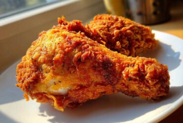 Close-up of two pieces of crispy, golden-brown air fryer fried chicken resting on a white plate.