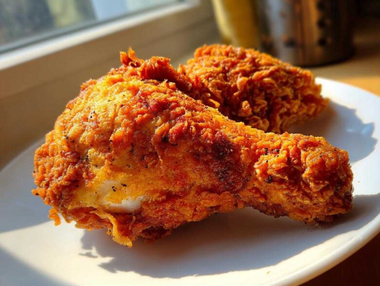 Close-up of two pieces of crispy, golden-brown air fryer fried chicken resting on a white plate.