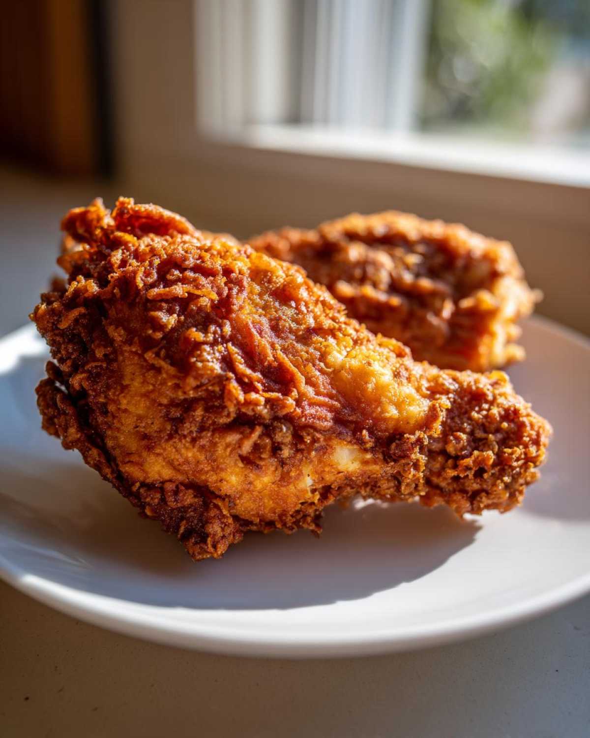 Close-up of a perfectly crispy, golden-brown air fryer fried chicken drumstick on a white plate.
