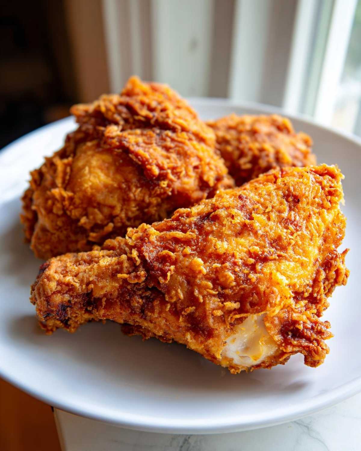 Three pieces of golden brown, crispy air fryer fried chicken resting on a white plate.