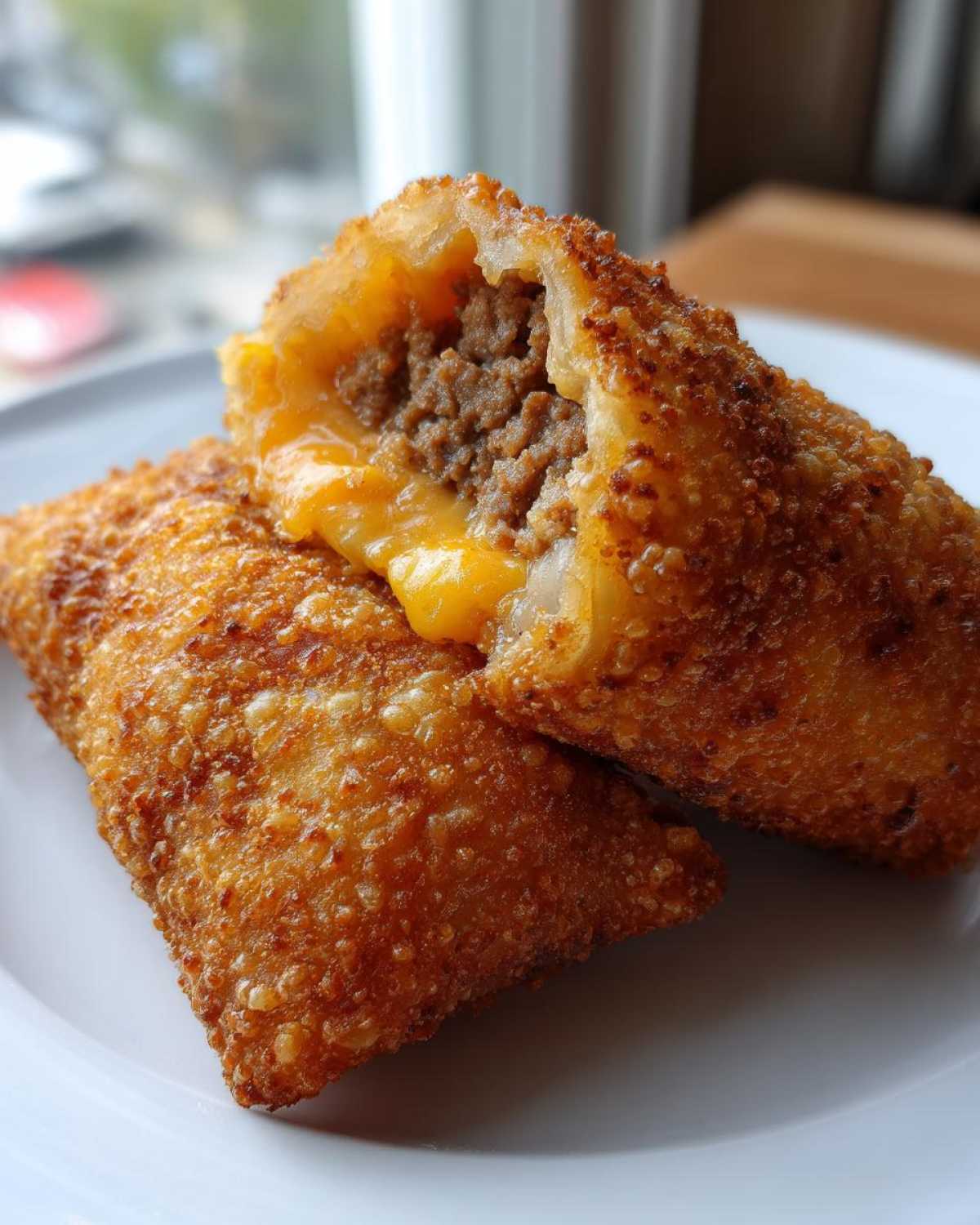 Two crispy, golden-brown Chimichangas on a white plate, one cut open revealing seasoned ground beef and melted cheese.