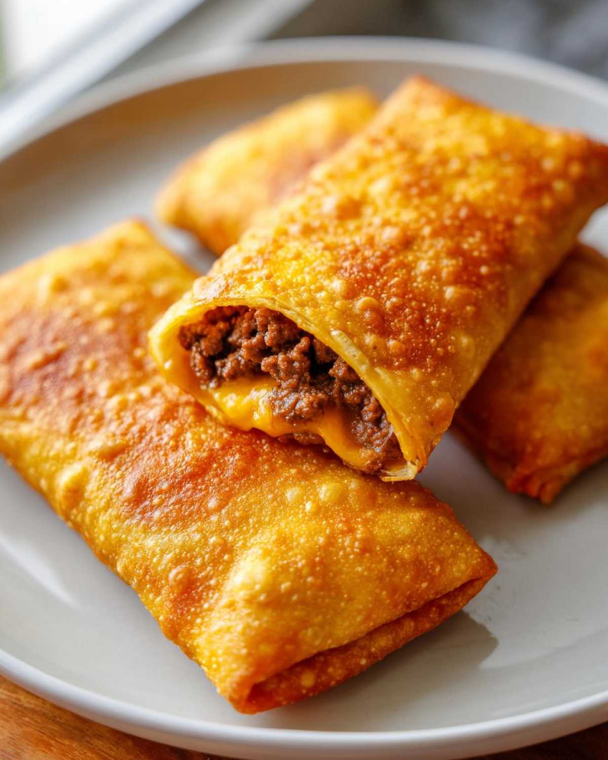 Close-up of crispy, golden brown Chimichangas, one cut open revealing seasoned ground beef and melted cheese.