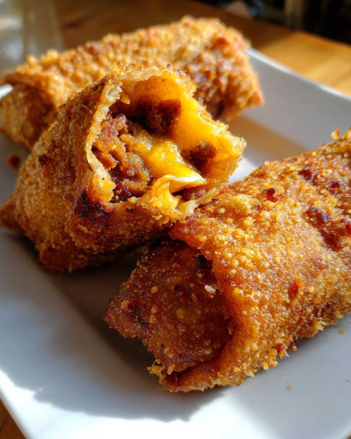Close-up of crispy, golden-brown Chimichangas, one cut open revealing seasoned meat and melted cheese filling.