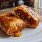 Two golden-brown, deep-fried Chimichangas, one cut open to show the seasoned ground beef filling.