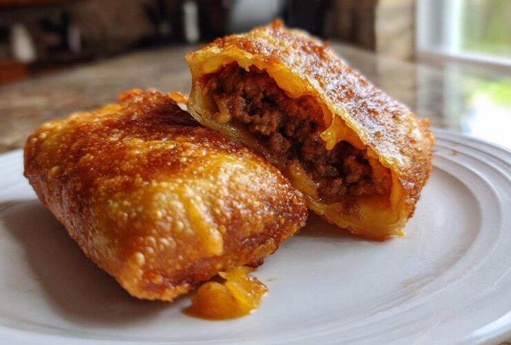 Two golden-brown, deep-fried Chimichangas, one cut open to show the seasoned ground beef filling.