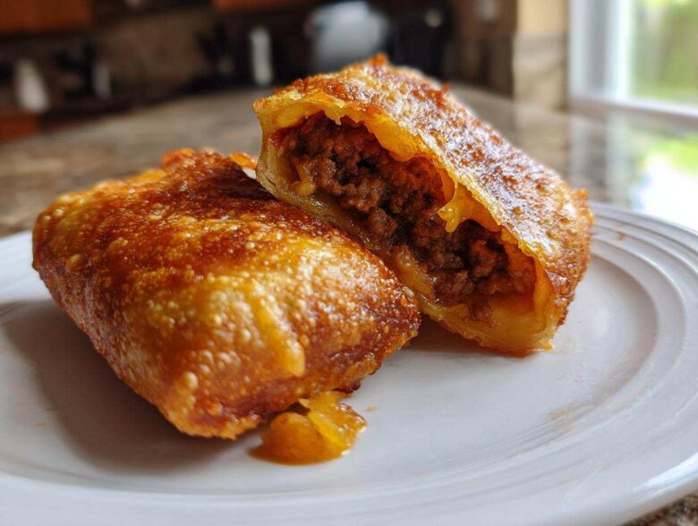 Two golden-brown, deep-fried Chimichangas, one cut open to show the seasoned ground beef filling.