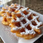 Close-up of golden brown, crispy funnel cake recipe portions heavily dusted with white powdered sugar on a white plate.