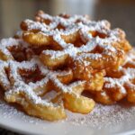 Close-up of a pile of golden, crispy funnel cake recipe dusted generously with white powdered sugar on a white plate.