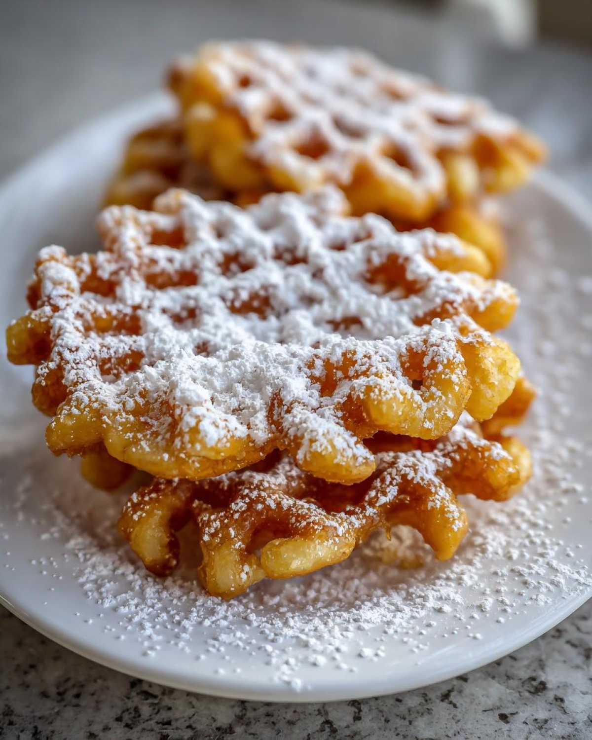 Close-up of stacked, golden brown funnel cake recipe treats heavily dusted with powdered sugar on a white plate.