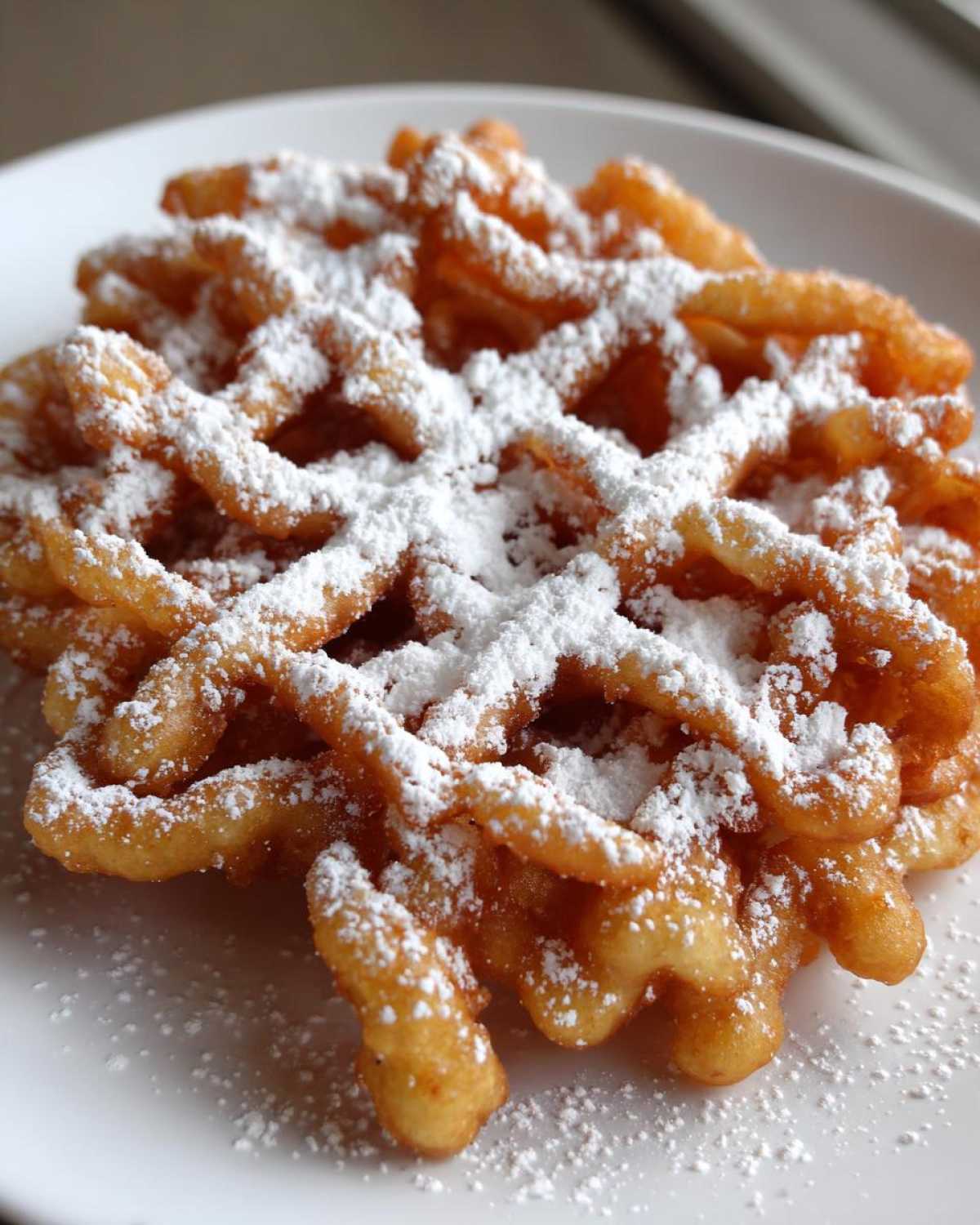 A close-up shot of a golden brown, crispy funnel cake recipe generously dusted with white powdered sugar on a white plate.