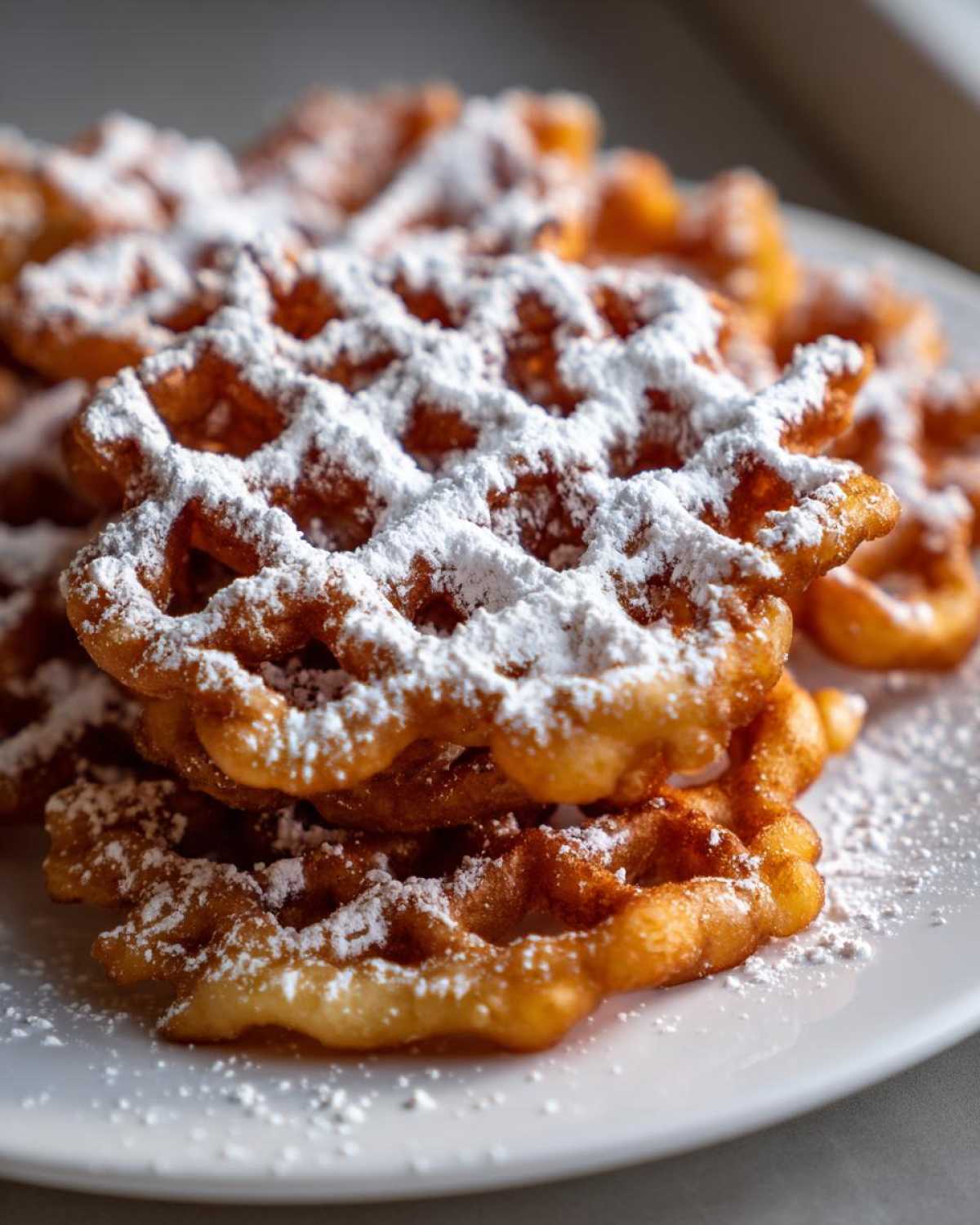 Close-up of stacked, golden brown funnel cake recipe pieces generously dusted with white powdered sugar on a white plate.