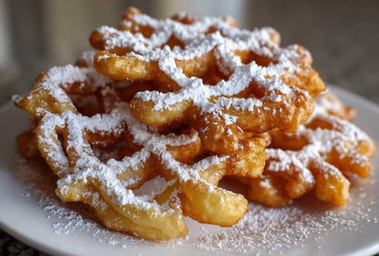 Close-up of a pile of golden, crispy funnel cake recipe dusted generously with white powdered sugar on a white plate.