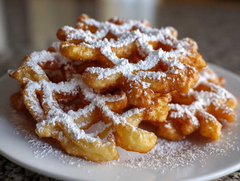 Close-up of a pile of golden, crispy funnel cake recipe dusted generously with white powdered sugar on a white plate.