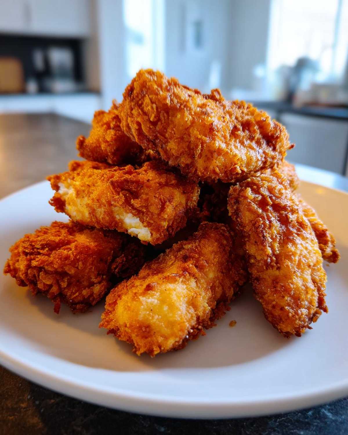 A pile of golden brown, crispy homemade chicken nuggets stacked on a white plate.