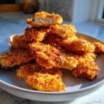A close-up of a pile of golden brown, crispy homemade chicken nuggets stacked on a light gray plate.