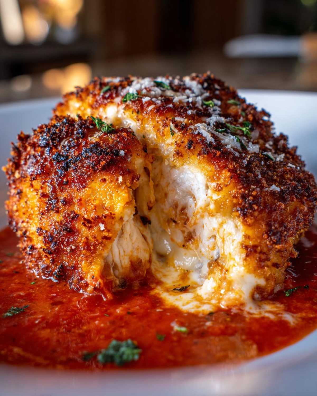 Close-up of crispy keto chicken parmesan cut open to show melted cheese oozing out into rich tomato sauce.