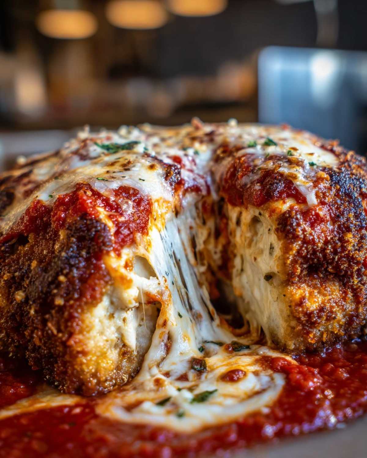 Extreme close-up of crispy keto chicken parmesan being pulled apart, showing melted mozzarella cheese stretching.