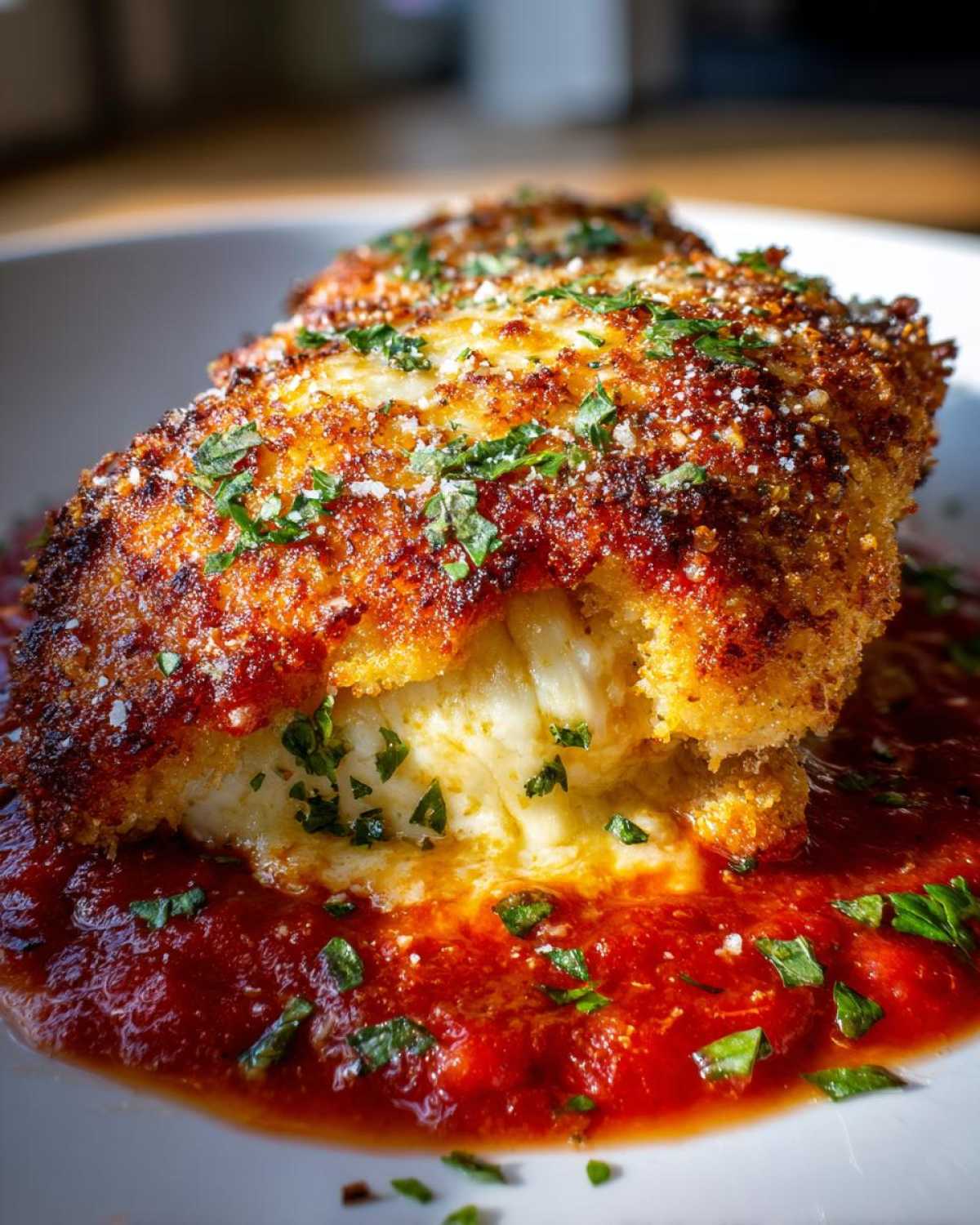 Close-up of crispy keto chicken parmesan oozing melted mozzarella cheese, served over rich marinara sauce.