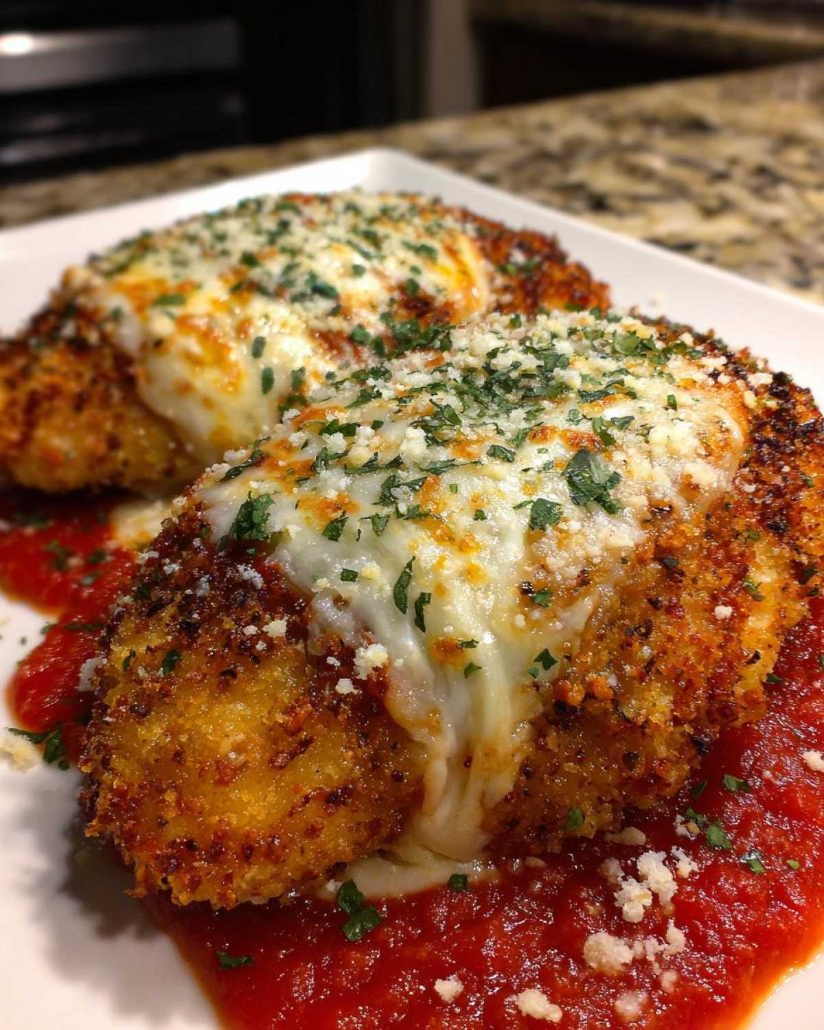 Two servings of crispy keto chicken parmesan topped with melted mozzarella and parsley on a bed of marinara sauce.