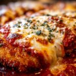 Close-up of crispy keto chicken parmesan topped with melted mozzarella and marinara sauce.
