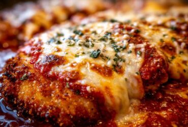 Close-up of crispy keto chicken parmesan topped with melted mozzarella and marinara sauce.