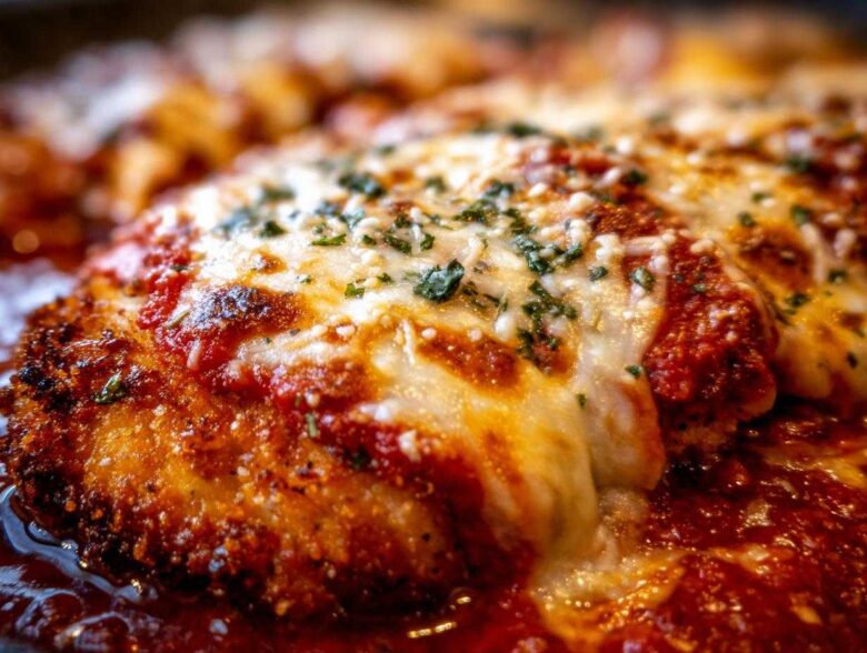 Close-up of crispy keto chicken parmesan topped with melted mozzarella and marinara sauce.