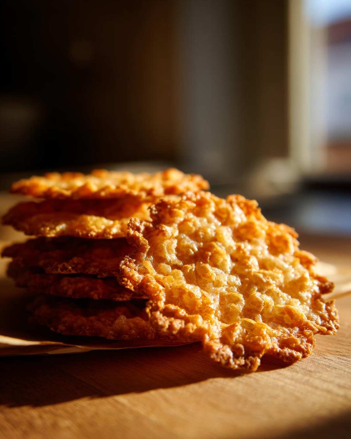 Close-up of a stack of thin, lacy, and golden brown oatmeal lace cookies catching the sunlight.