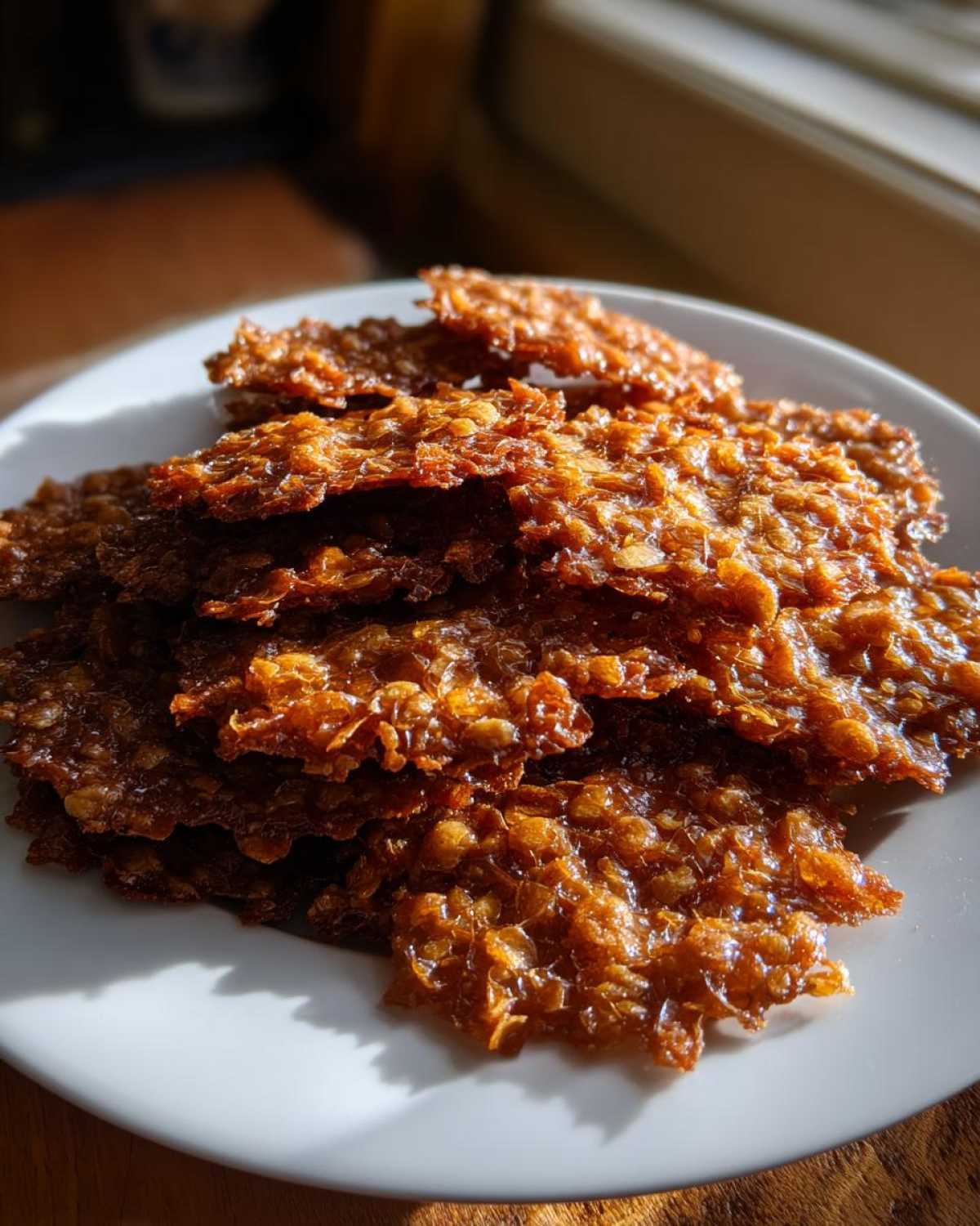 A stack of deeply caramelized, thin oatmeal lace cookies piled on a white plate, showing their lacy texture.