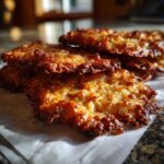Close-up of golden brown, lacy, and crispy oatmeal lace cookies stacked on a napkin.