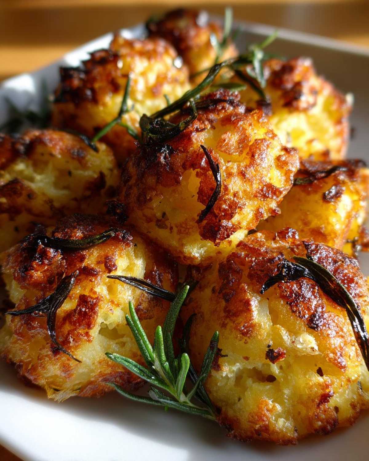 Close-up of perfectly crispy, golden brown roast potatoes garnished with fresh and dried rosemary sprigs.