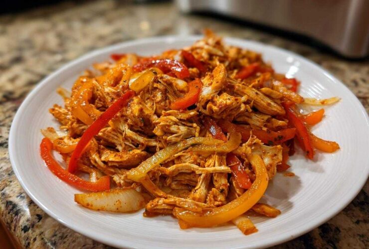 A white plate piled high with seasoned, shredded chicken mixed with sliced red and yellow bell peppers and onions, ready for crockpot chicken fajitas.