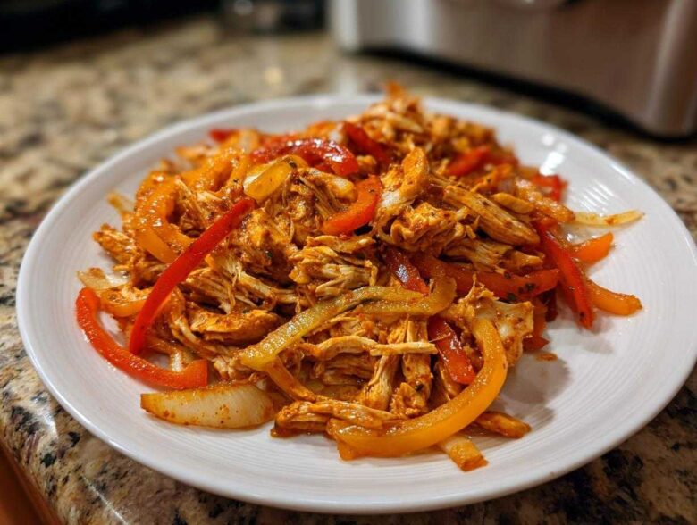 A white plate piled high with seasoned, shredded chicken mixed with sliced red and yellow bell peppers and onions, ready for crockpot chicken fajitas.