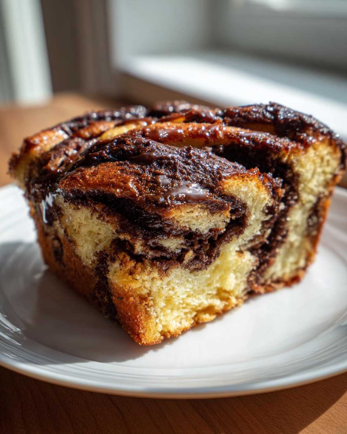 Close-up of a moist slice of chocolate babka showing rich chocolate swirls on a white plate.