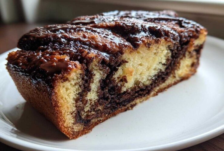Close-up of a moist slice of chocolate babka showing rich chocolate swirls and a glossy topping.