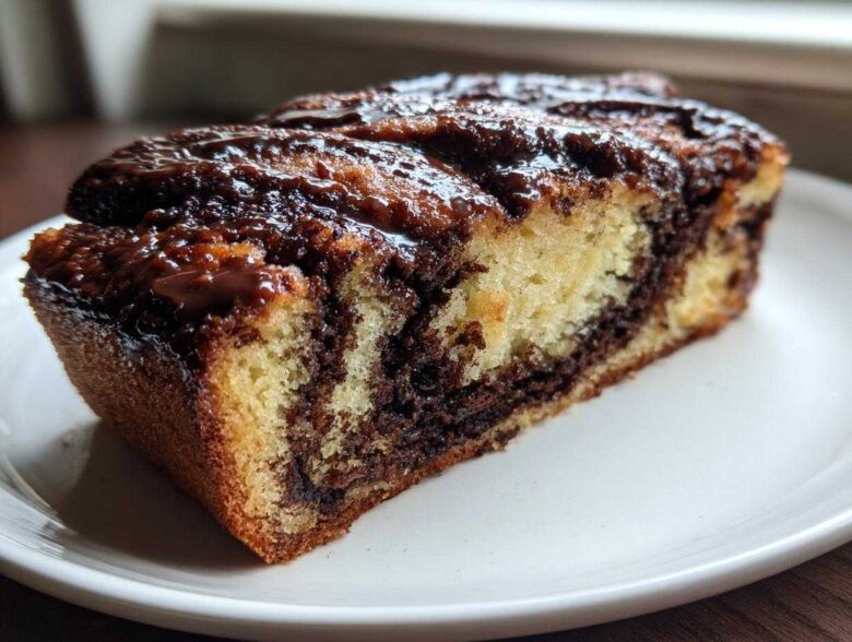 Close-up of a moist slice of chocolate babka showing rich chocolate swirls and a glossy topping.