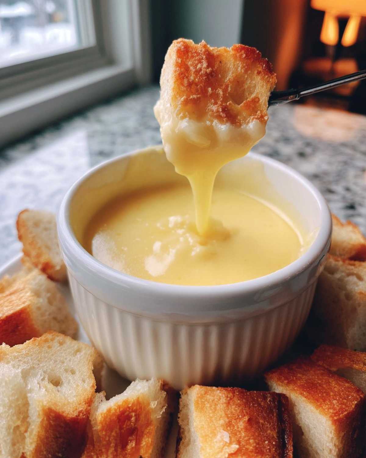 A piece of toasted bread is dipped into a small white bowl of velvety smooth cheese fondue recipe.