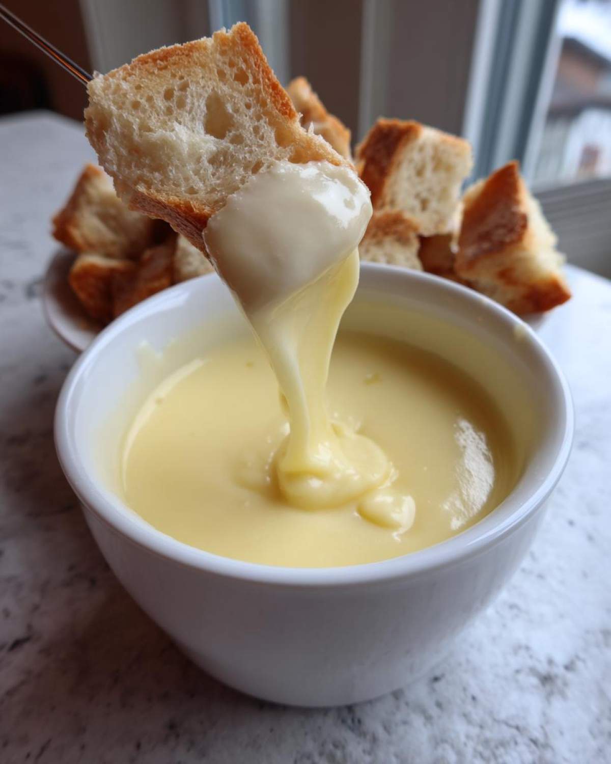 A piece of crusty bread being dipped into a white bowl filled with smooth, melted cheese fondue recipe.