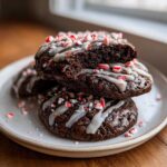 A stack of rich, dark double chocolate peppermint cookies drizzled with white glaze and topped with crushed candy canes.