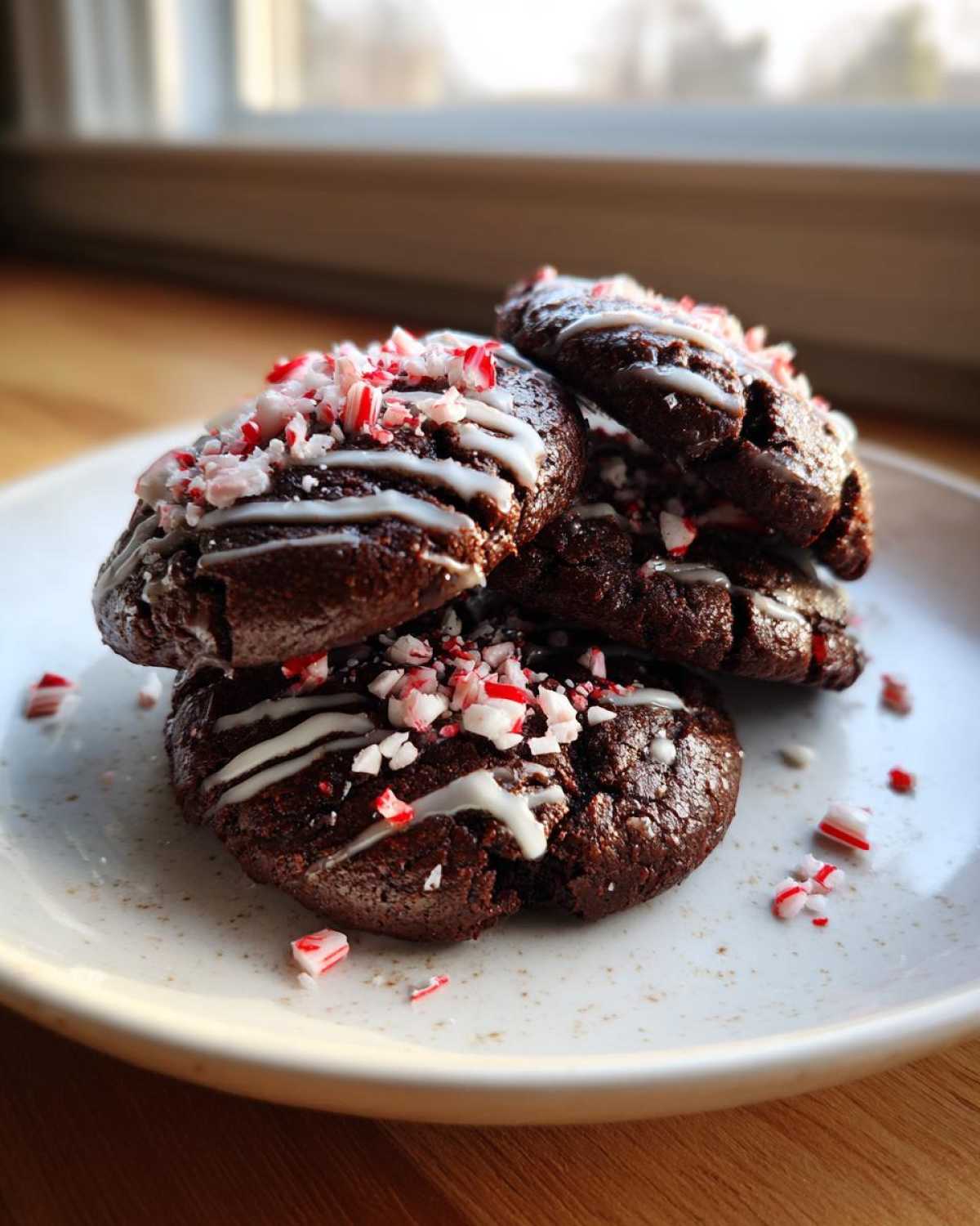 A stack of rich, dark double chocolate peppermint cookies drizzled with white icing and topped with crushed candy canes.
