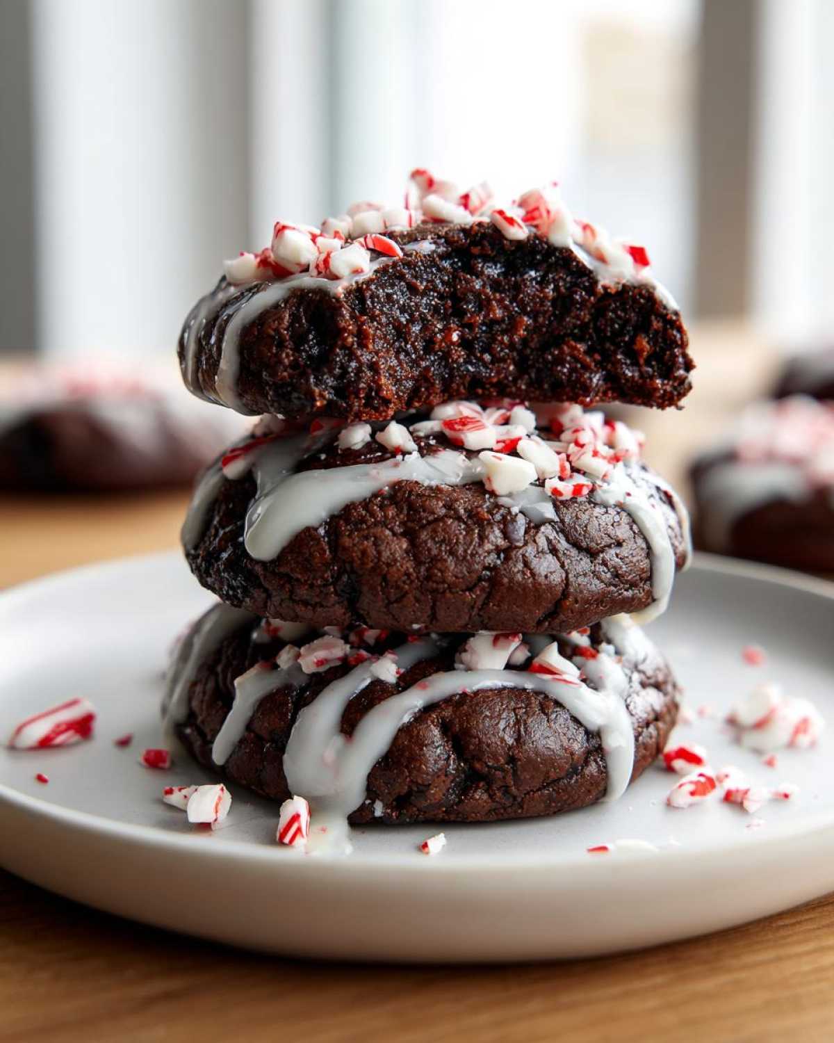 A stack of three rich, dark double chocolate peppermint cookies drizzled with white icing and crushed candy canes.