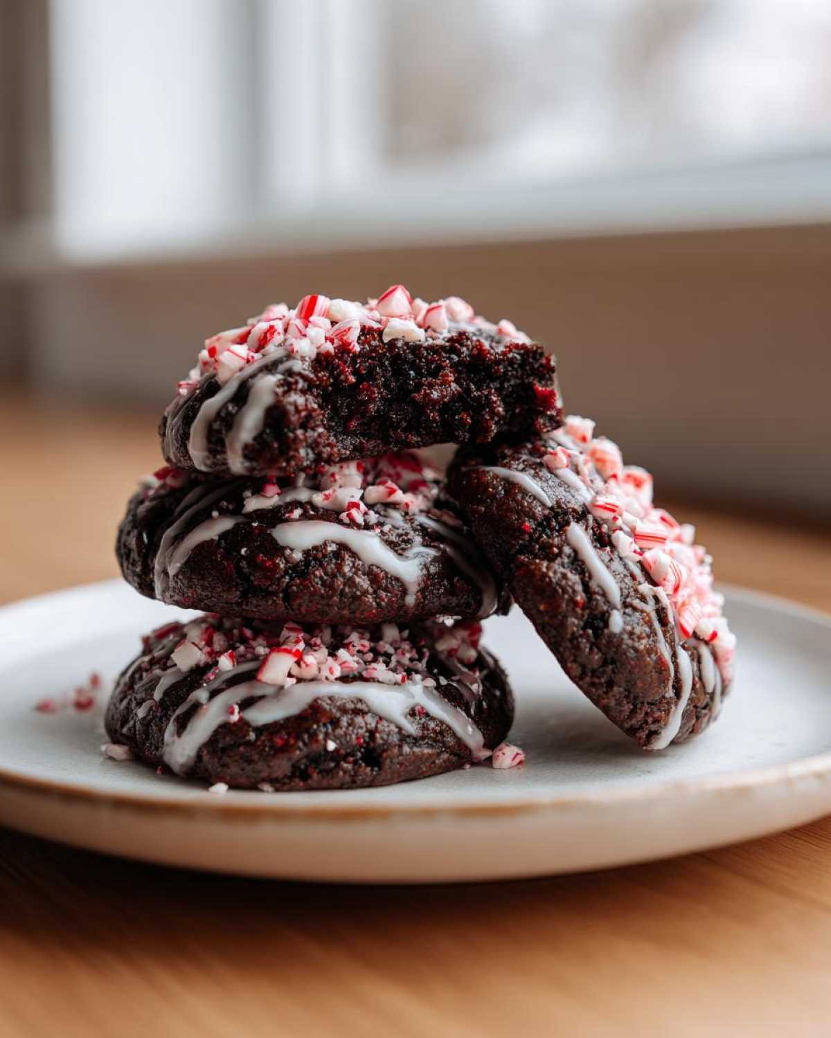 A stack of rich double chocolate peppermint cookies drizzled with white glaze and topped with crushed candy canes.