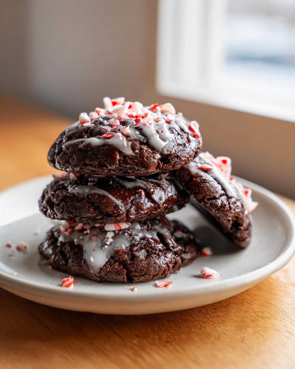 A stack of three rich, dark double chocolate peppermint cookies drizzled with white glaze and topped with crushed candy canes.